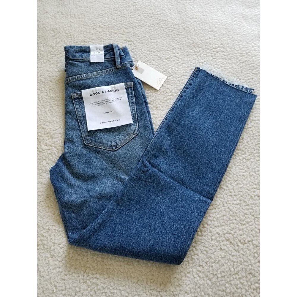 Good American Good Classic Skinnyish Fit Raw Hem Blue Hi-Rise Jeans Sz 0/25